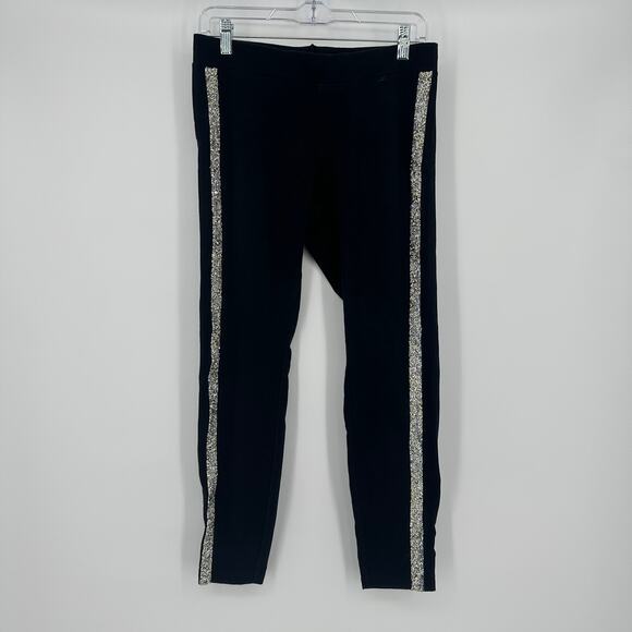 Express Womens Black Rhinestone Side Stripe Leggings Size M Sparkly Stretch Pant - Picture 1 of 7